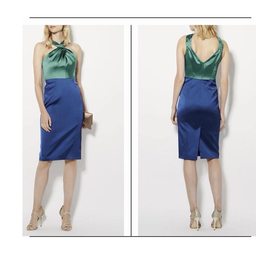 Karen Millen Green Blue Colorblock Pleated Satin Halter Sheath Dress US 10 UK 14